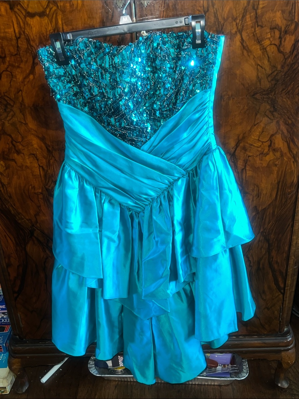 Zum Zum 80’s Turquoise Strapless Sequin & Satin Party Dress
